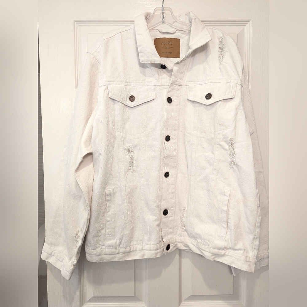 Rue21 Women white distressed ripped baggy relaxed fit denim Jean Jacket Chore XL